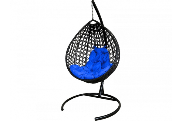 Подвесное кресло Кокон Капля Люкс ротанг каркас чёрный-подушка синяя