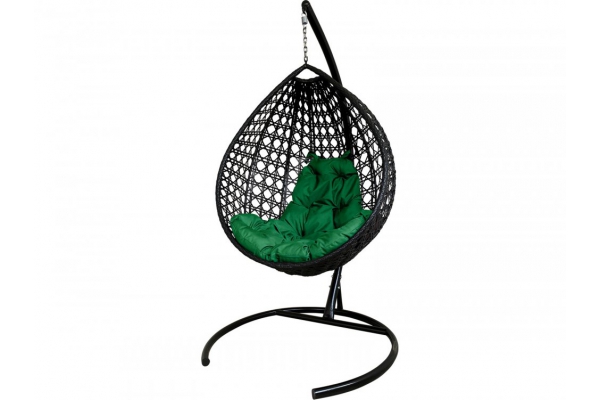 Подвесное кресло Кокон Капля Люкс ротанг каркас чёрный-подушка зелёная
