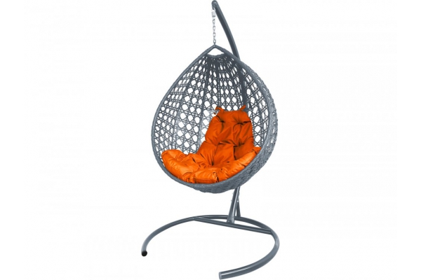 Подвесное кресло Кокон Капля Люкс ротанг каркас серый-подушка оранжевая