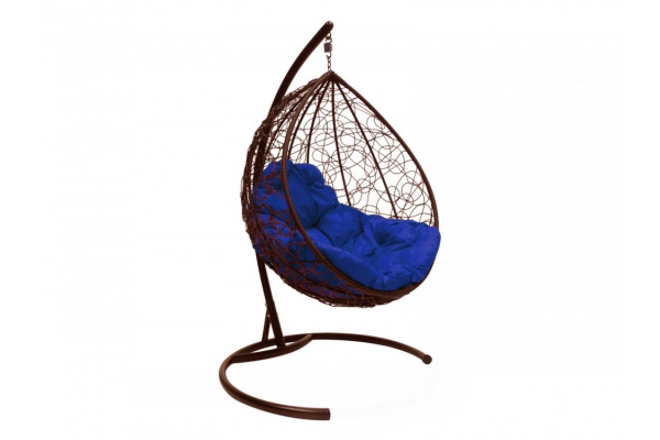 Подвесное кресло Кокон Капля ротанг каркас коричневый-подушка синяя