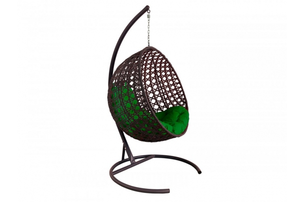 Подвесное кресло Кокон Круглый Люкс ротанг каркас коричневый-подушка зелёная