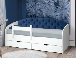 Кровать с продольной мягкой спинкой Софа №9 синий с бортиком