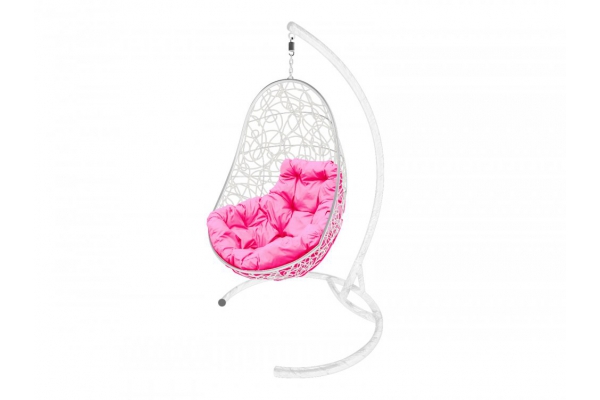 Подвесное кресло Кокон Овал ротанг каркас белый-подушка розовая