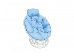 Кресло Папасан мини с ротангом каркас белый-подушка голубая