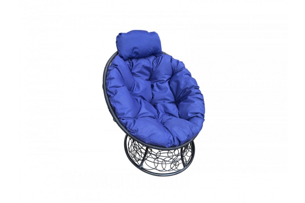 Кресло Папасан мини с ротангом каркас чёрный-подушка синяя