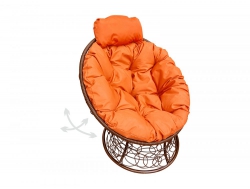 Кресло Папасан пружинка мини с ротангом каркас коричневый-подушка оранжевая