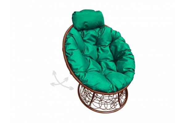 Кресло Папасан пружинка мини с ротангом каркас коричневый-подушка зелёная