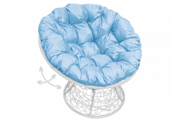 Кресло Папасан пружинка с ротангом каркас белый-подушка голубая