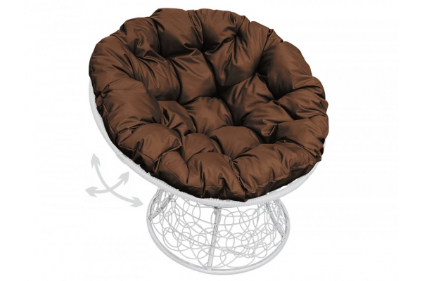 Кресло Папасан пружинка с ротангом каркас белый-подушка коричневая