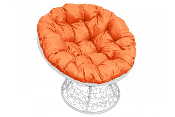 Кресло Папасан с ротангом каркас белый-подушка оранжевая