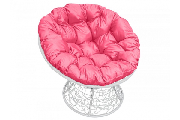 Кресло Папасан с ротангом каркас белый-подушка розовая