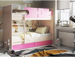 Кровать двухъярусная Тетрис латы с бортиками дуб млечный-розовый